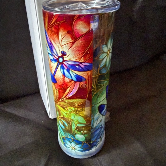 New 20oz Dragonfly Art Glass Tumbler- Slid Lid Nonslip Bottom Straw and Cleaner - Picture 6 of 8